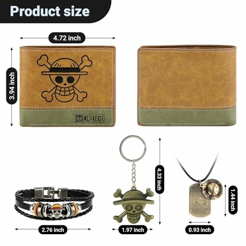 One Piece accessory set with wallet, bracelet, keychain, and necklace, showing product sizes.