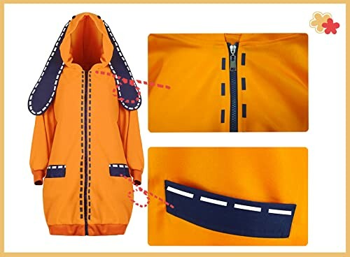 Orange hoodie with decorative ears and zipper details.