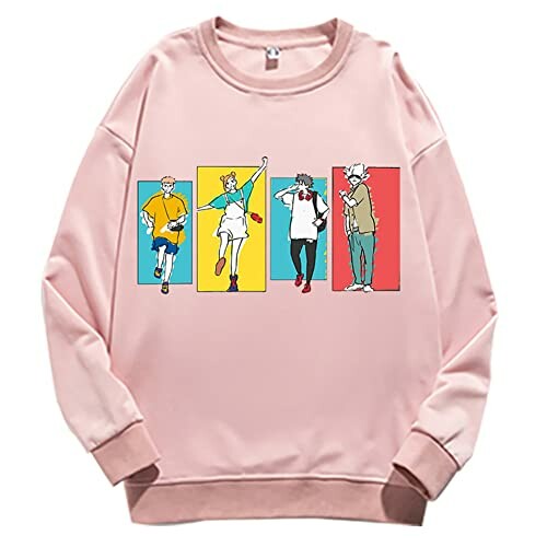 Pastel pink sweatshirt with colorful dancing figures