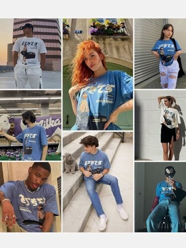 Collage of people wearing blue T-shirts with various poses, showcasing the comfort and versatility of the Aelfric Eden Mens Oversized Graphic Tee