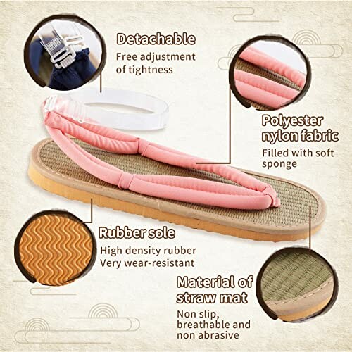 Pink sandals with detachable strap, polyester nylon fabric, rubber sole, straw mat material.