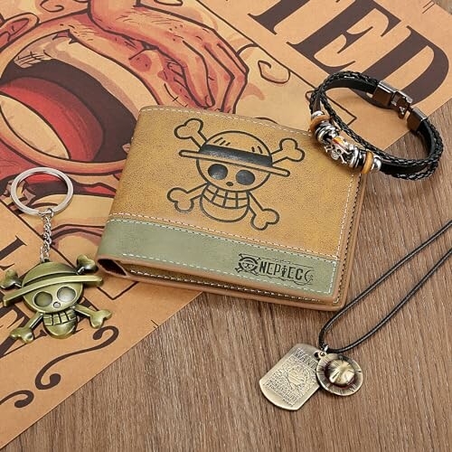 Pirate-themed wallet with keychain, bracelet, and necklace.