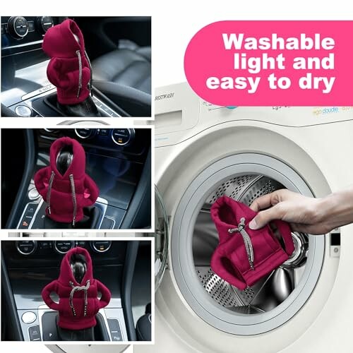 A small red hoodie on car gear shift and in washing machine - the Gear Shift Hoodie Cover in action.