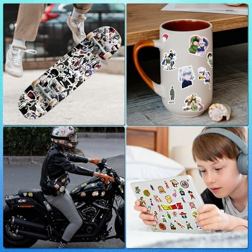 Collage of skateboard, mug, motorcycle, and tablet with stickers.