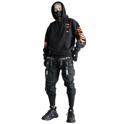 Person wearing black techwear outfit with hoodie and mask