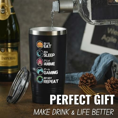 Tumbler with humorous icons for eat, sleep, anime, gaming, repeat.