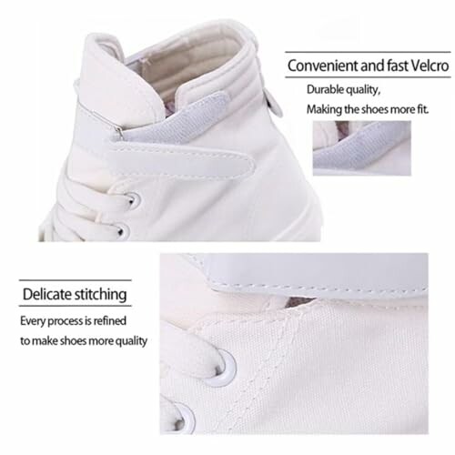 White high-top sneakers with velcro and detailed stitching.