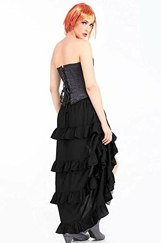 Woman in black corset dress with ruffles.