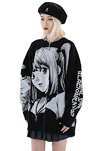 Woman in black anime sweater and beret.