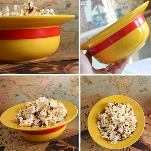 Yellow and red bowl filled with popcorn, shown in different angles.